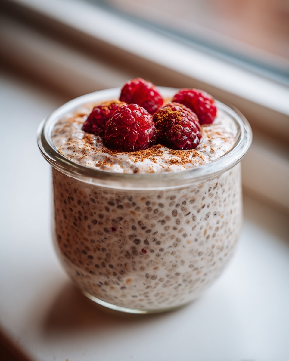 Close-up of high protein chia pudding in a glass jar, topped with fresh raspberries and cinnamon.