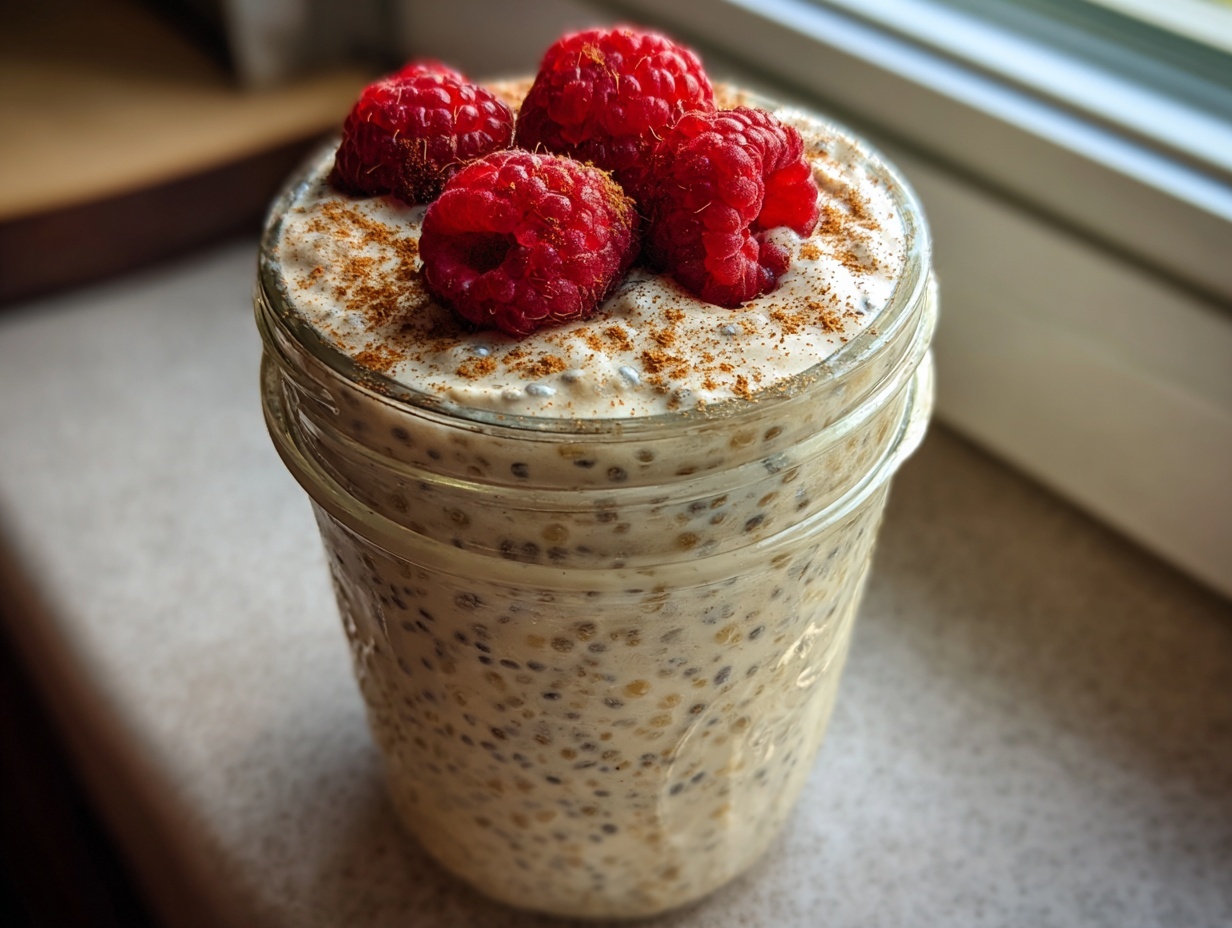 Close-up of a jar filled with creamy high protein chia pudding, topped with fresh raspberries and cinnamon.