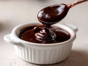 Close-up of thick, glossy homemade chocolate syrup being drizzled from a spoon into a small white ramekin.