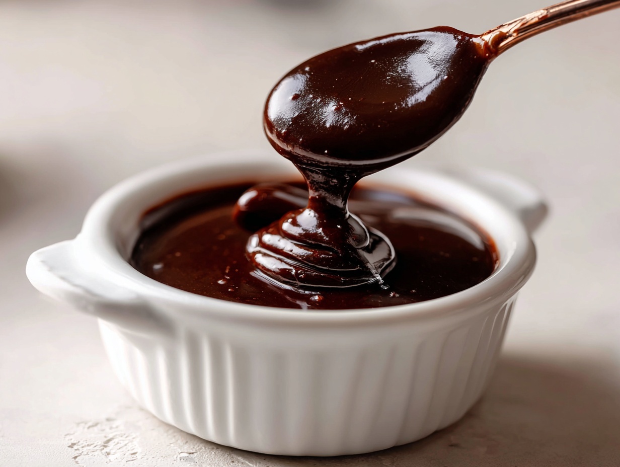 Close-up of thick, glossy homemade chocolate syrup being drizzled from a spoon into a small white ramekin.