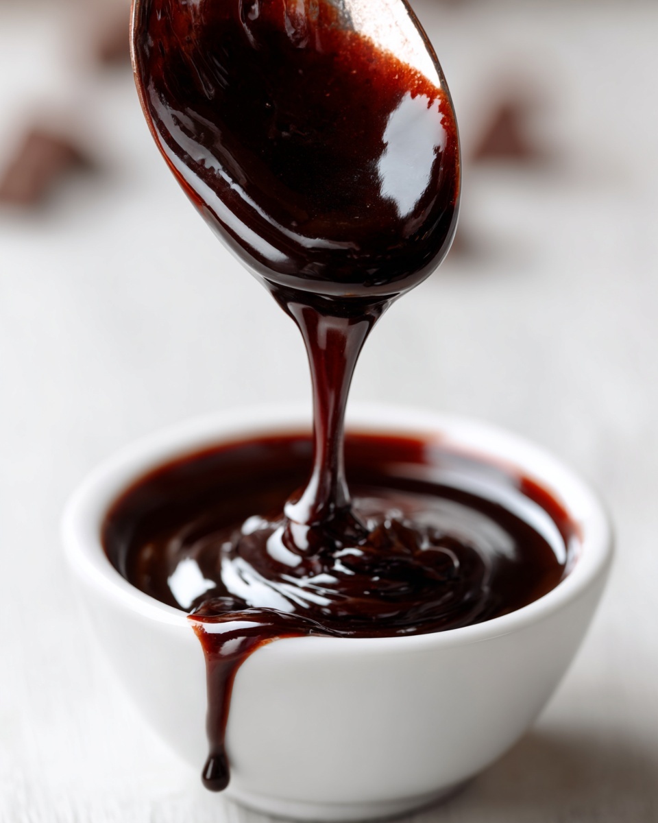 A spoonful of thick, glossy homemade chocolate syrup is being poured into a small white bowl.