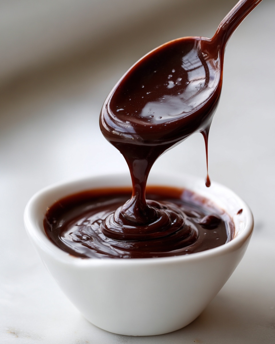 A spoonful of rich, glossy homemade chocolate syrup is being poured back into a small white bowl.