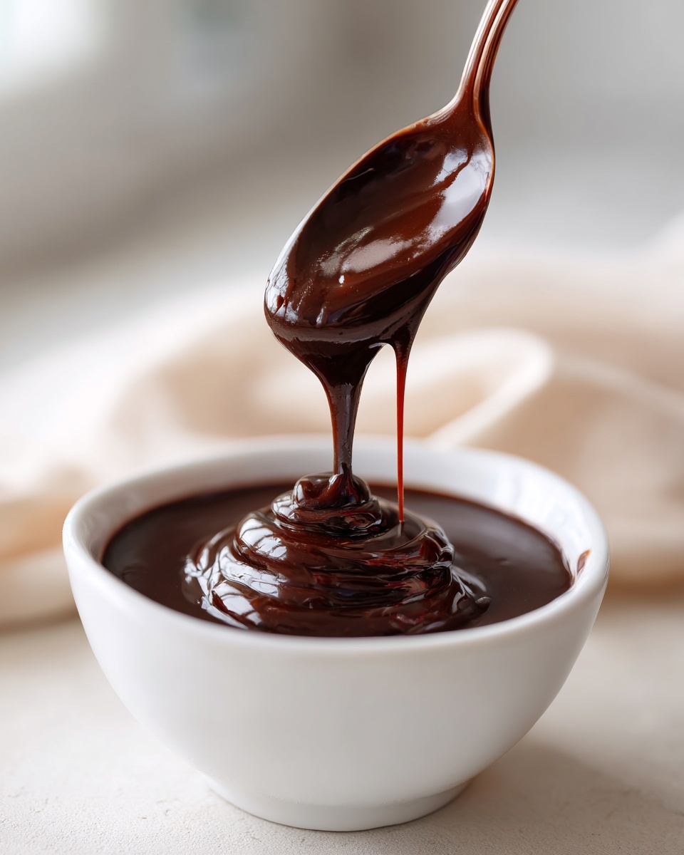 A spoonful of rich, glossy homemade chocolate syrup drips back into a white bowl.