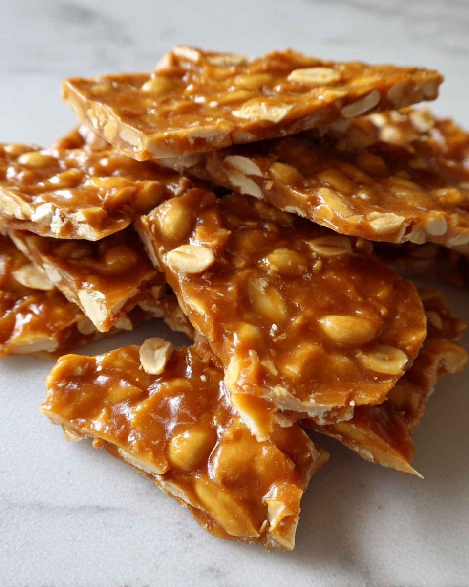 Close-up of broken, golden-brown pieces of homemade peanut brittle recipe stacked on a white marble surface.