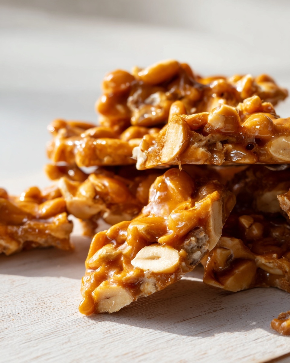 Close-up of broken pieces of shiny, golden peanut brittle recipe stacked on a light wooden surface.
