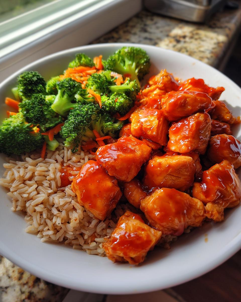 A close-up of a hot honey chicken bowl featuring glazed chicken pieces, brown rice, and steamed broccoli with carrots.