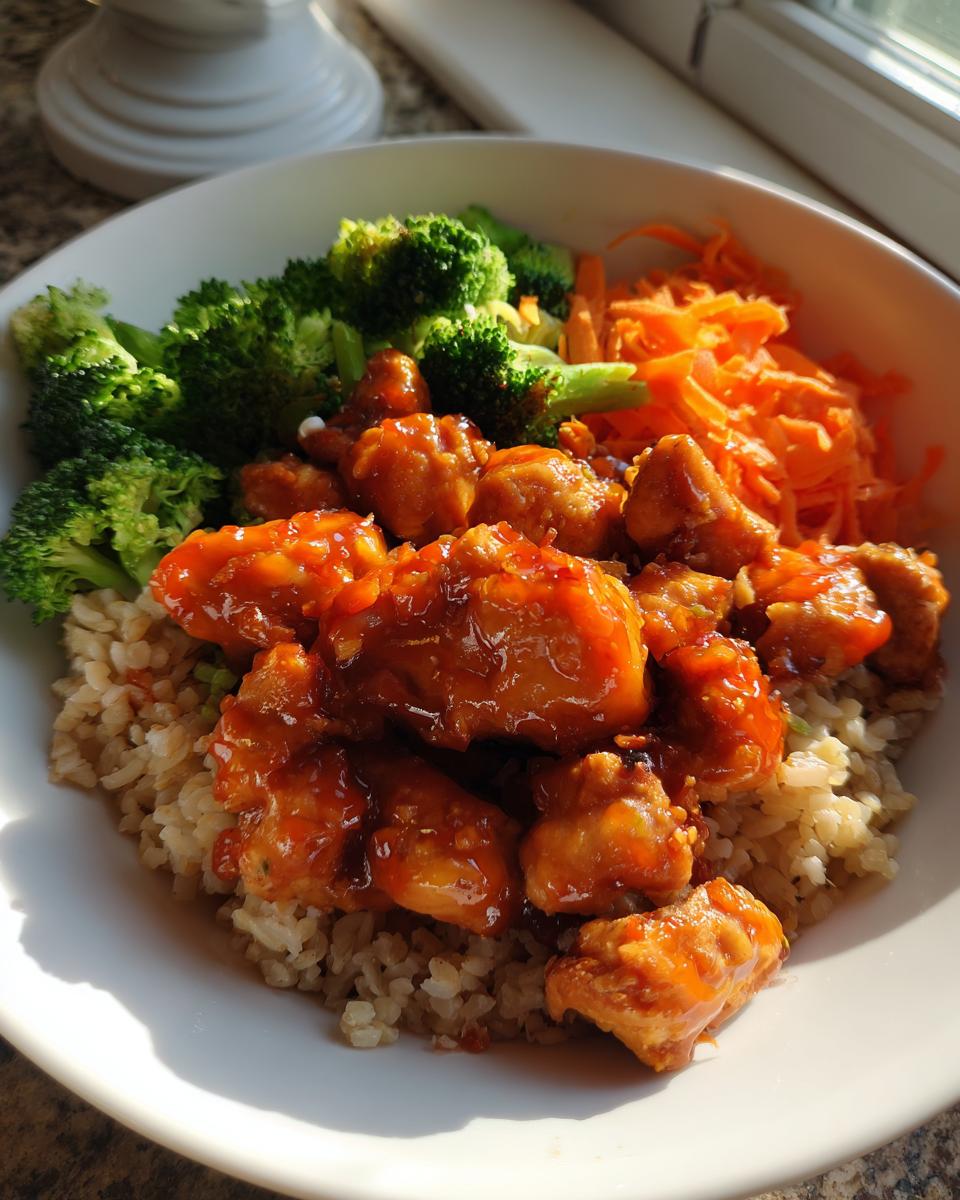 Close-up of a hot honey chicken bowl featuring glazed chicken pieces over brown rice with broccoli and shredded carrots.
