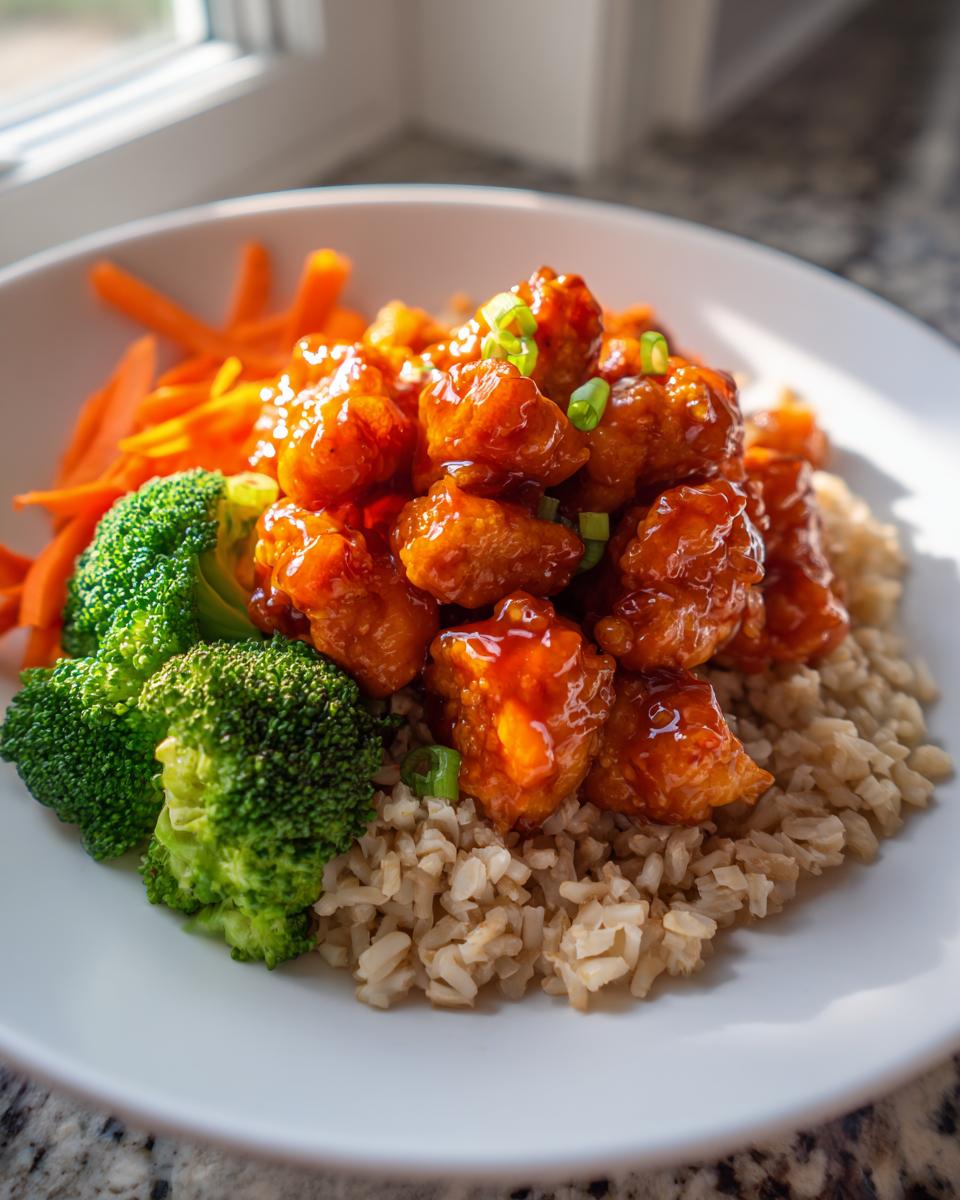 A close-up of a hot honey chicken bowl featuring glazed chicken pieces over brown rice with broccoli and carrots.