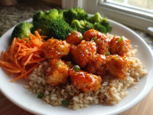 A close-up of a hot honey chicken bowl featuring glazed chicken pieces over brown rice with steamed broccoli and shredded carrots.