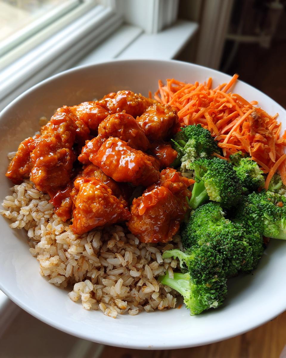 A close-up of a hot honey chicken bowl featuring saucy chicken, brown rice, broccoli florets, and shredded carrots.