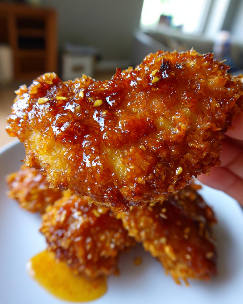 A hand holds up a piece of crispy, glazed hot honey chicken, glistening with sauce and sesame seeds.