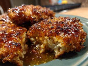Close-up of crispy, glazed pieces of hot honey chicken dripping with sticky sauce on a green plate.