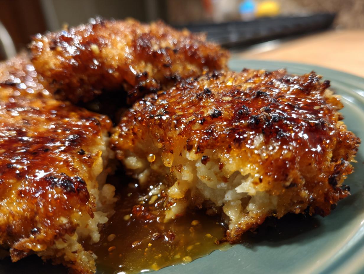 Close-up of crispy, glazed pieces of hot honey chicken dripping with sticky sauce on a green plate.