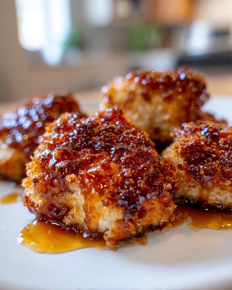 Close-up of crispy chicken pieces generously coated in a sticky, dark glaze, likely hot honey chicken.