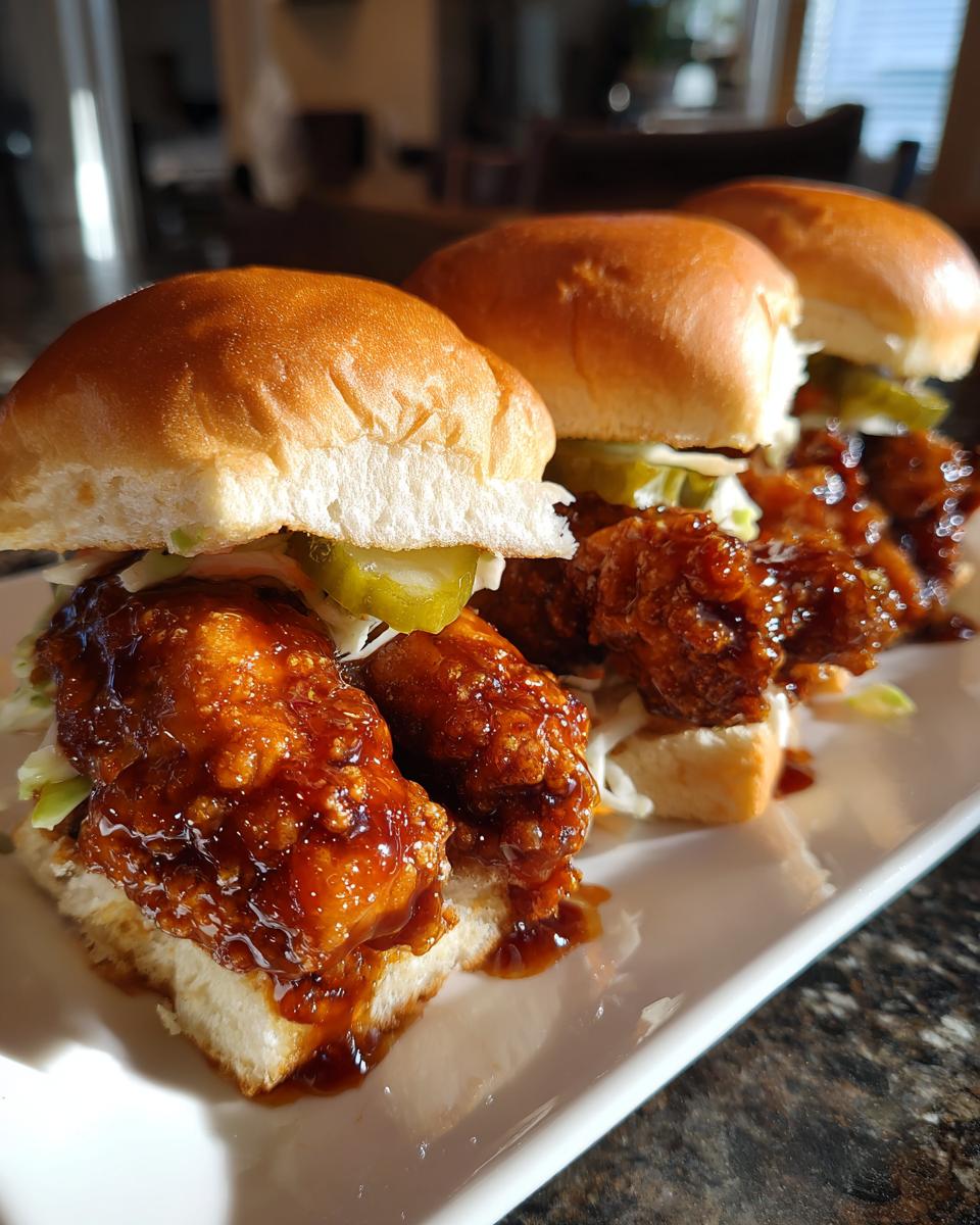 Close-up of three delicious hot honey chicken sliders featuring crispy chicken, pickles, and slaw on soft buns.