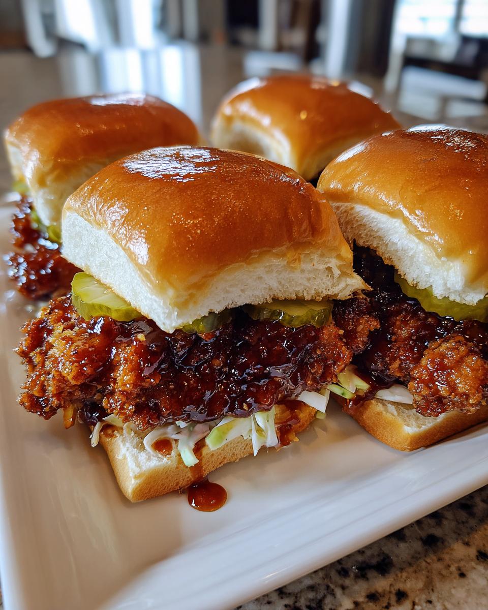 A close-up of four glistening hot honey chicken sliders stacked with pickles and slaw on a white platter.