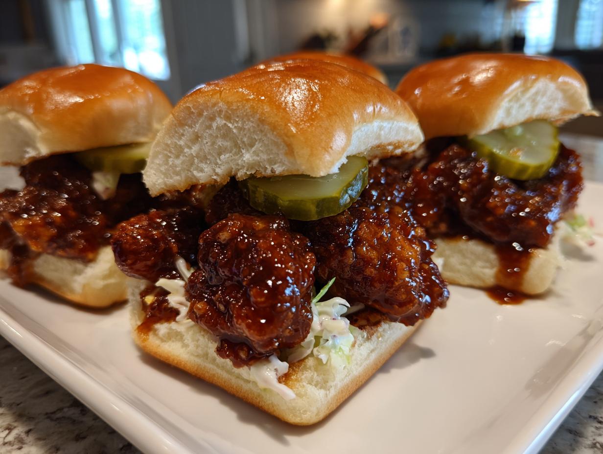 Three glossy hot honey chicken sliders topped with pickles and served on soft buns.