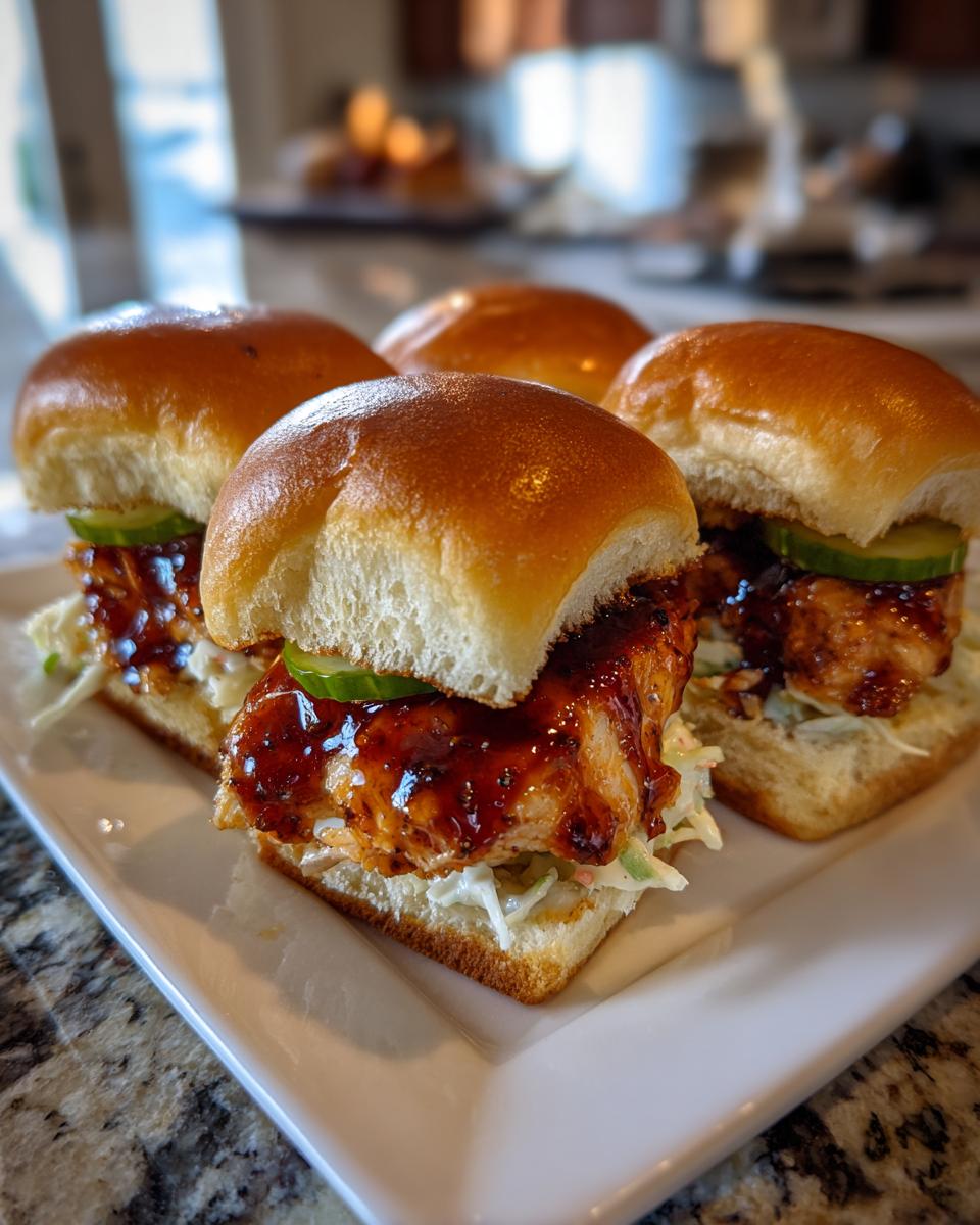 Four delicious hot honey chicken sliders with glossy sauce and coleslaw served on a white platter.