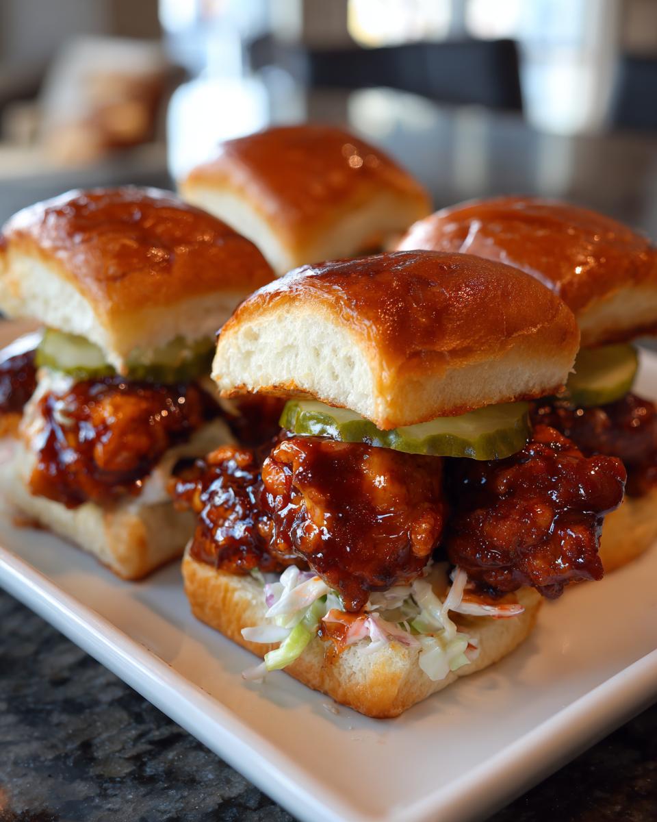 Four glistening hot honey chicken sliders stacked with coleslaw and pickles on brioche buns.