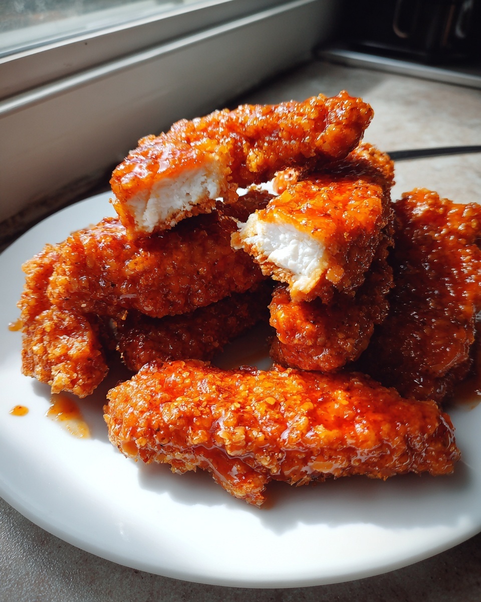 A stack of crispy, glazed hot honey chicken tenders on a white plate, one broken open showing white meat.