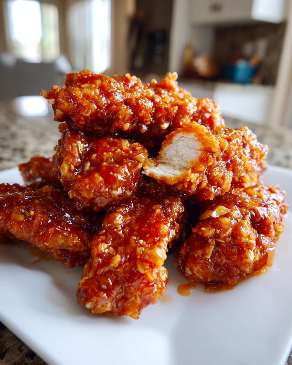 A close-up of crispy, glazed hot honey chicken tenders piled on a white plate, one piece broken open showing the white meat.