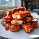 A close-up of crispy hot honey chicken tenders piled high on a white plate, showing the juicy white interior.