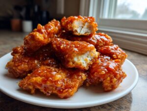 A close-up of a pile of crispy, glazed hot honey chicken tenders on a white plate.