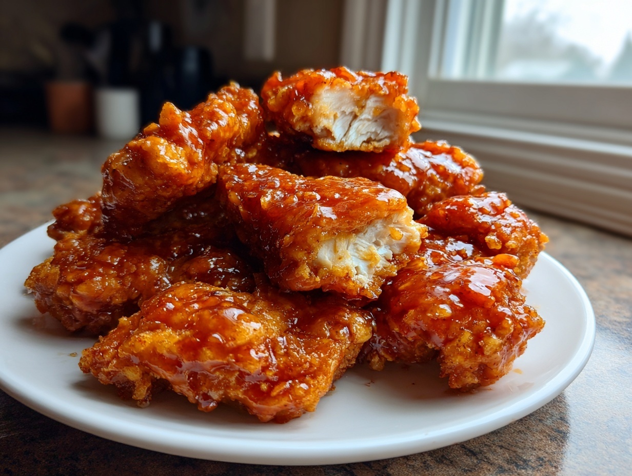 A close-up of a pile of crispy, glazed hot honey chicken tenders on a white plate.