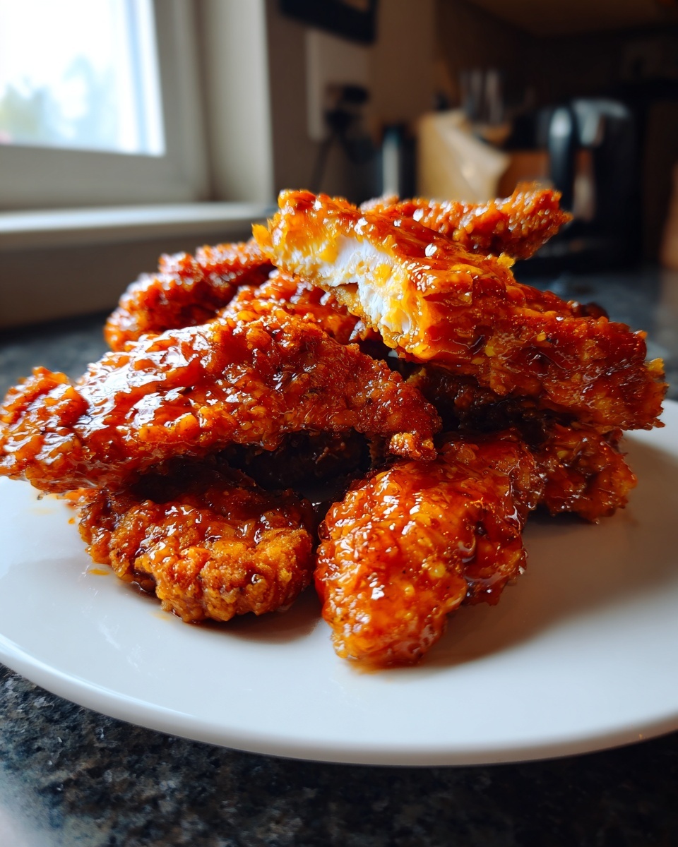 A pile of crispy, glazed hot honey chicken tenders stacked on a white plate, showing the juicy interior of one piece.