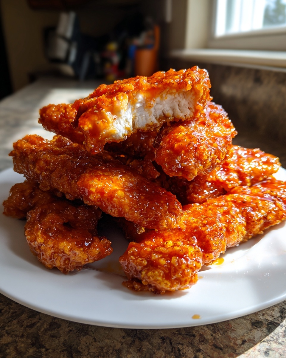 A stack of crispy, glazed hot honey chicken tenders on a white plate, one piece broken open showing white meat.