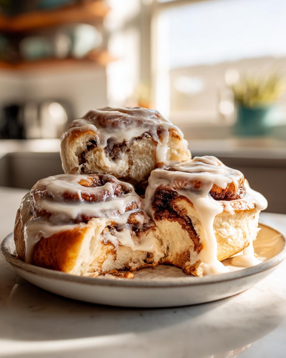 Three gooey sourdough cinnamon rolls generously topped with white icing, served on a small plate.