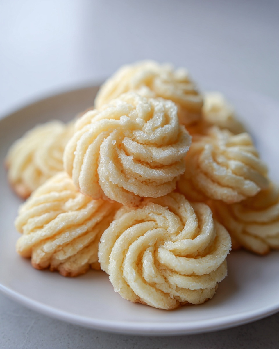 Close-up of several piped, pale yellow italian butter cookies stacked on a white plate.