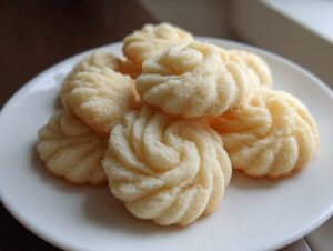 Close-up of several piped Italian butter cookies piled on a white plate, showing their delicate, ridged texture.