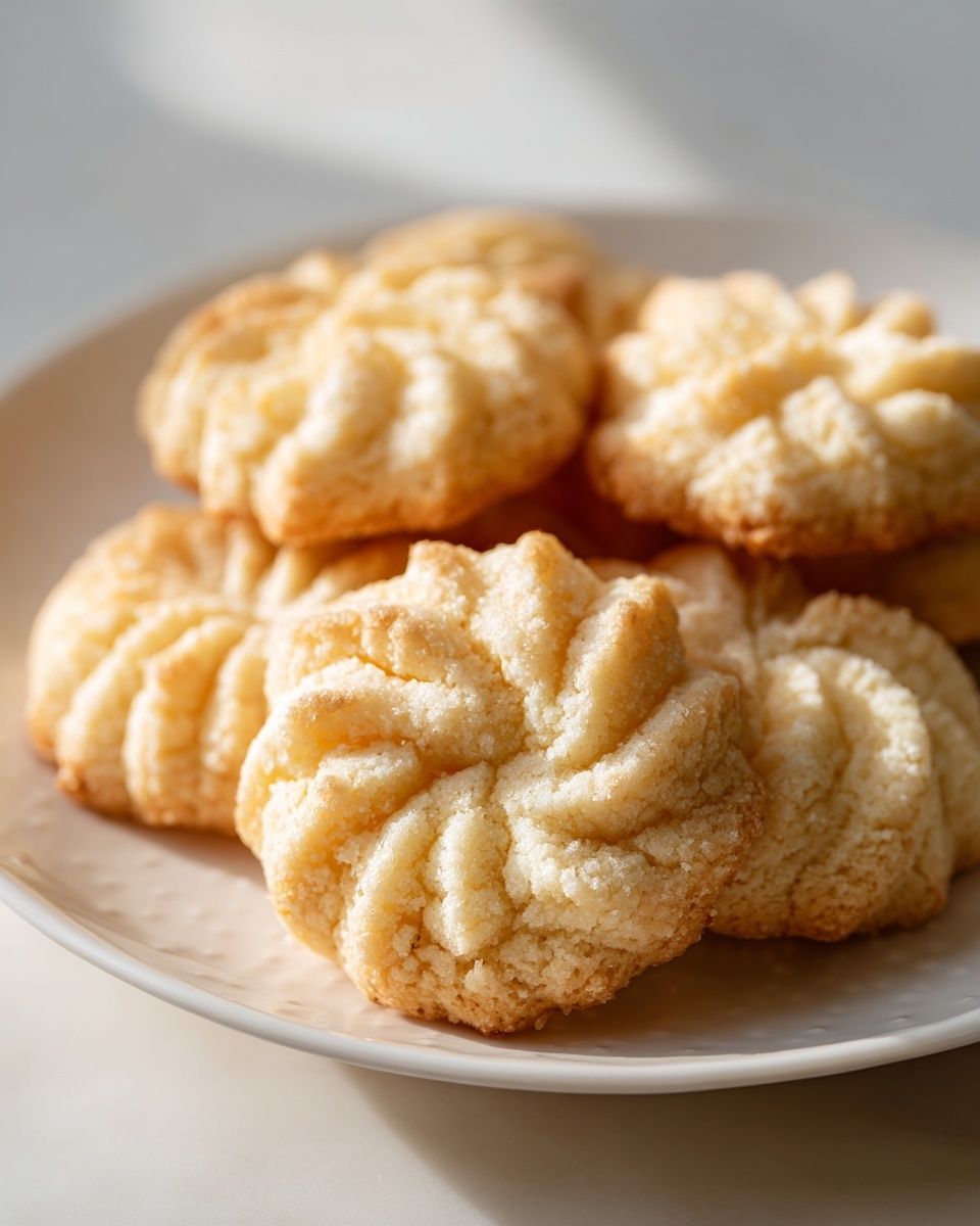 Close-up of several golden Italian butter cookies with piped swirl patterns stacked on a white plate.