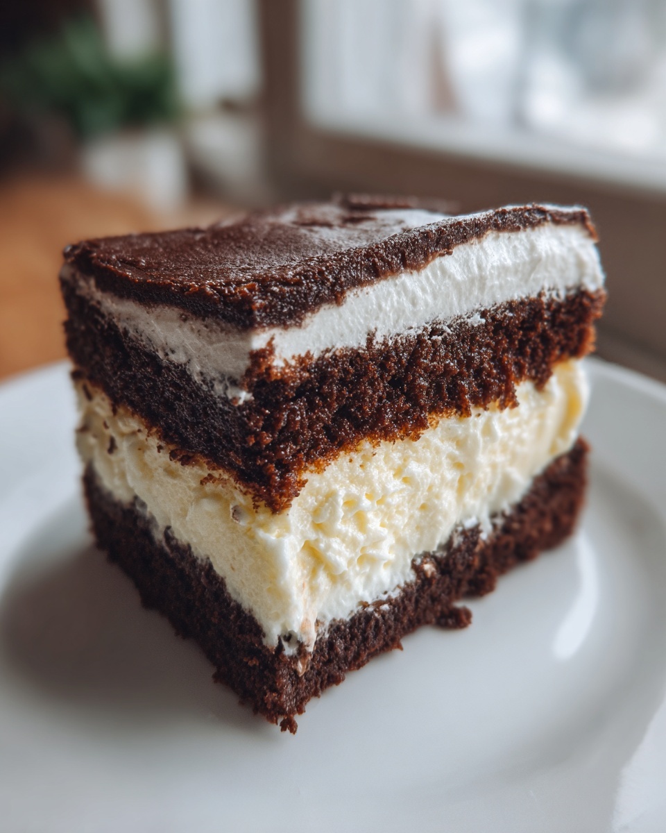 Close-up of a layered slice of italian love cake featuring dark chocolate cake, white cream, and a chocolate topping.