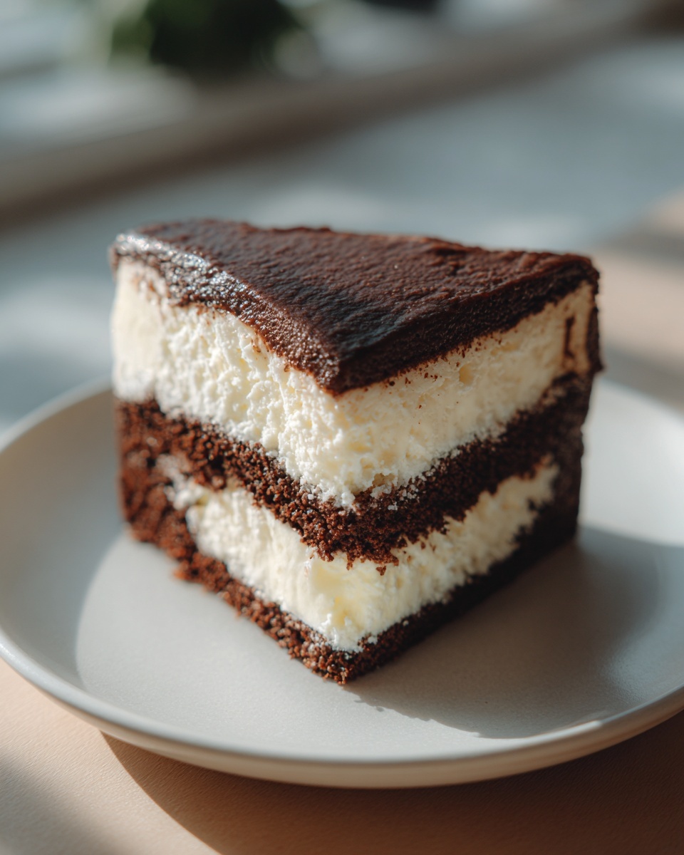 A decadent slice of Italian love cake featuring layers of dark chocolate cake and white cream filling, dusted with cocoa.
