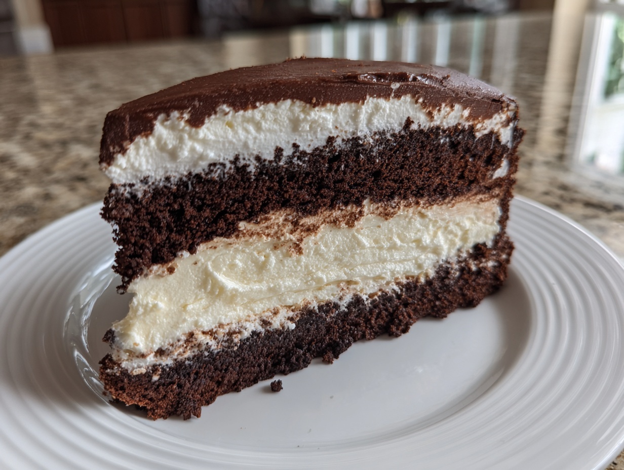 A decadent slice of Italian love cake featuring dark chocolate layers and thick white cream filling.