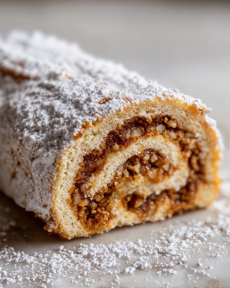 Close-up of a slice of Italian nut roll cookies, showing the swirl of nut filling and a dusting of powdered sugar.