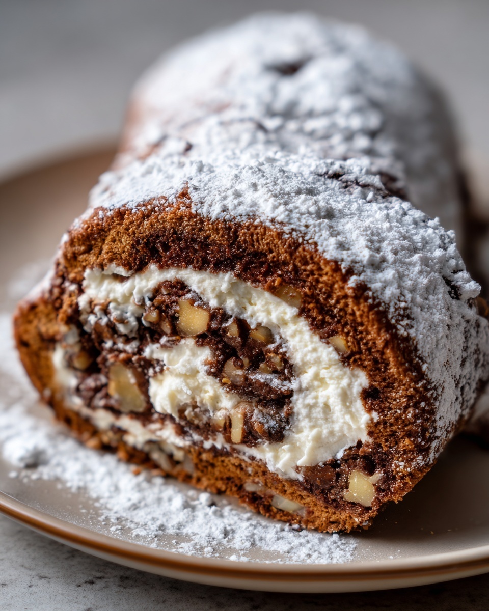 Close-up of a slice of italian nut roll cookies with cream cheese dough, showing rich filling and powdered sugar.