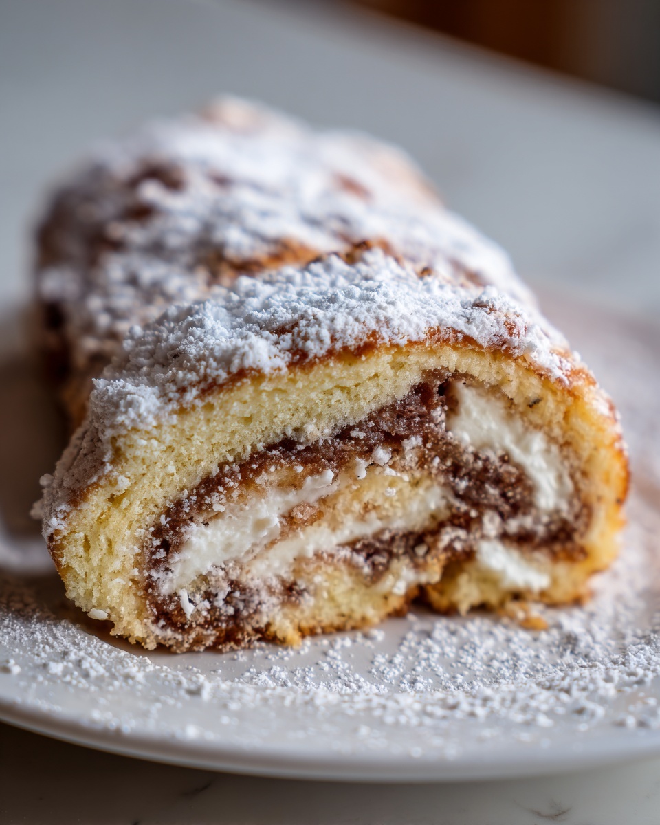 Close-up of a slice of italian nut roll cookies with cream cheese dough, dusted heavily with powdered sugar.