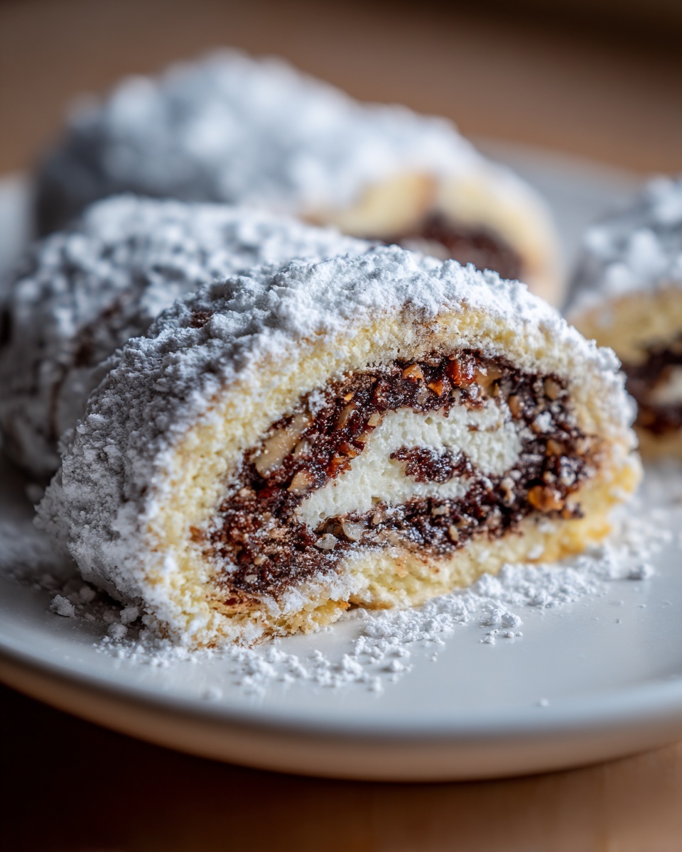 Cross-section of italian nut roll cookies with cream cheese dough, showing layers of filling and dusted heavily with powdered sugar.