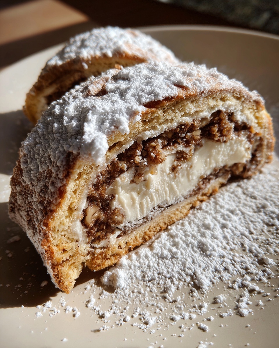 Close-up of two slices of italian nut roll cookies with cream cheese dough, dusted heavily with powdered sugar.