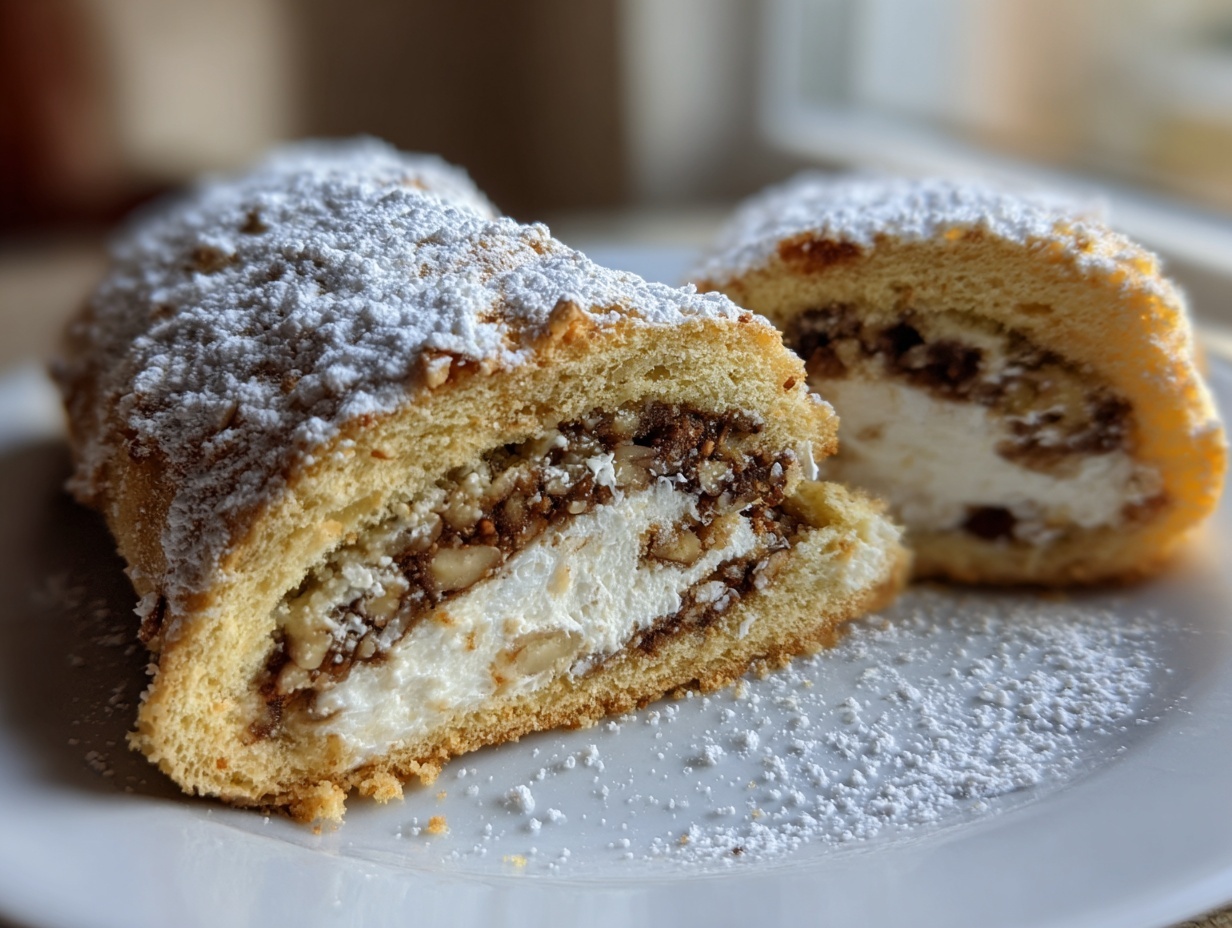 Two slices of italian nut roll cookies with cream cheese dough, dusted with powdered sugar.
