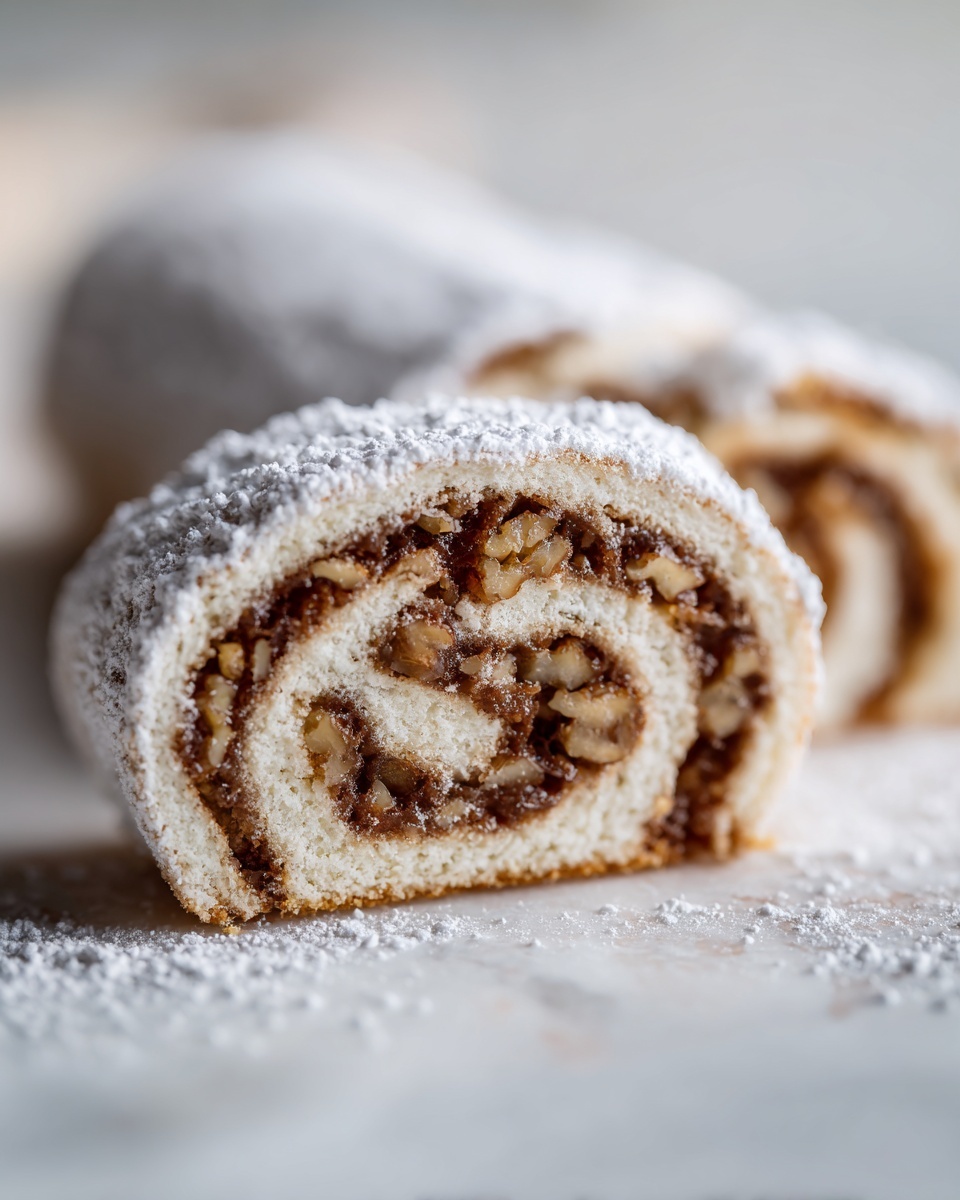 Close-up of a slice of italian nut roll cookies showing the spiral of nut filling and powdered sugar topping.