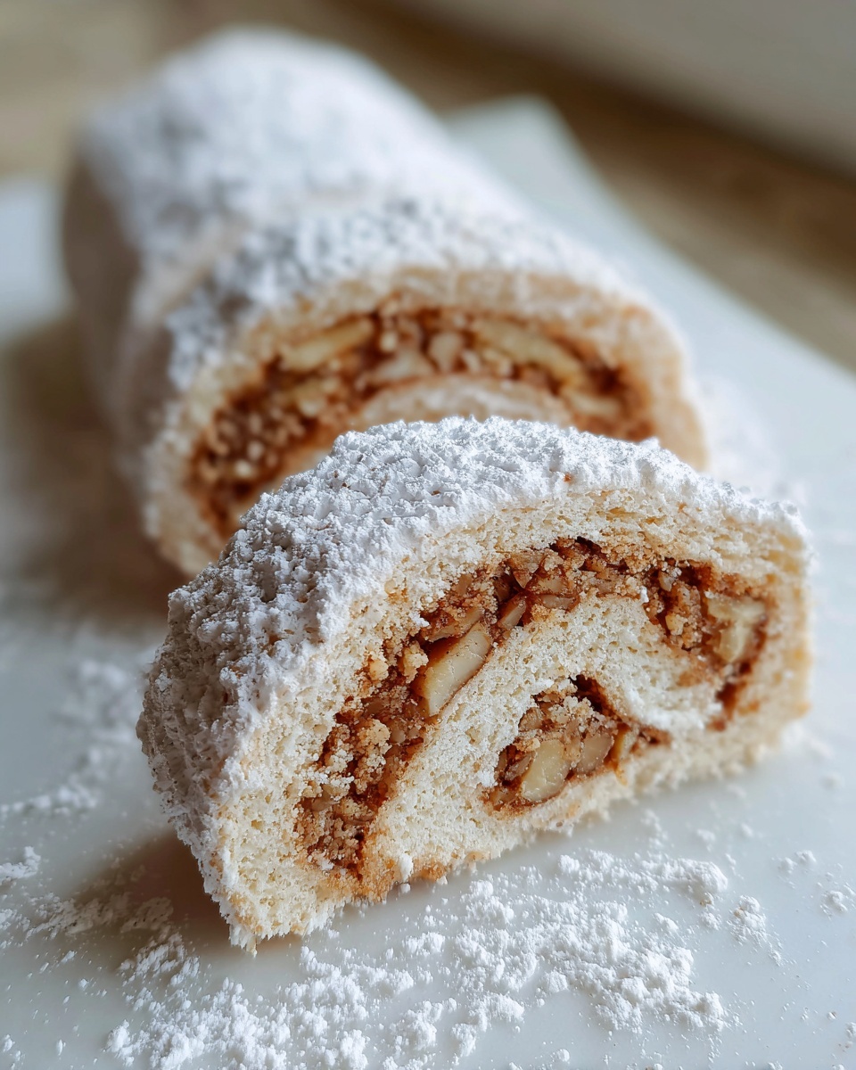 A slice of Italian nut roll cookies dusted heavily with powdered sugar, showing the rich nut filling inside.