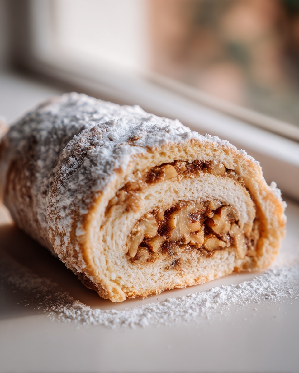 Close-up of a slice of Italian nut roll cookies showing the rich walnut filling and powdered sugar topping.