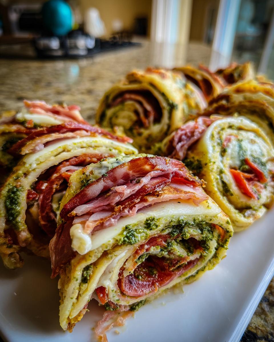 Close-up of sliced italian pinwheels showing layers of pesto, cheese, and cured meat on a white plate.