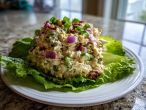 A scoop of creamy jalapeno popper chicken salad topped with bacon, red onion, and green onion, served on crisp lettuce leaves.