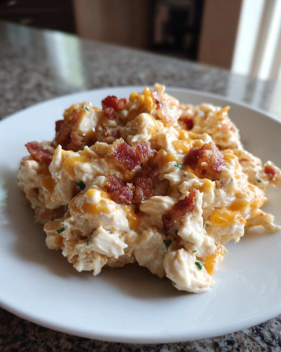 A scoop of creamy jalapeno popper chicken salad high protein topped with melted cheese and bacon bits on a white plate.