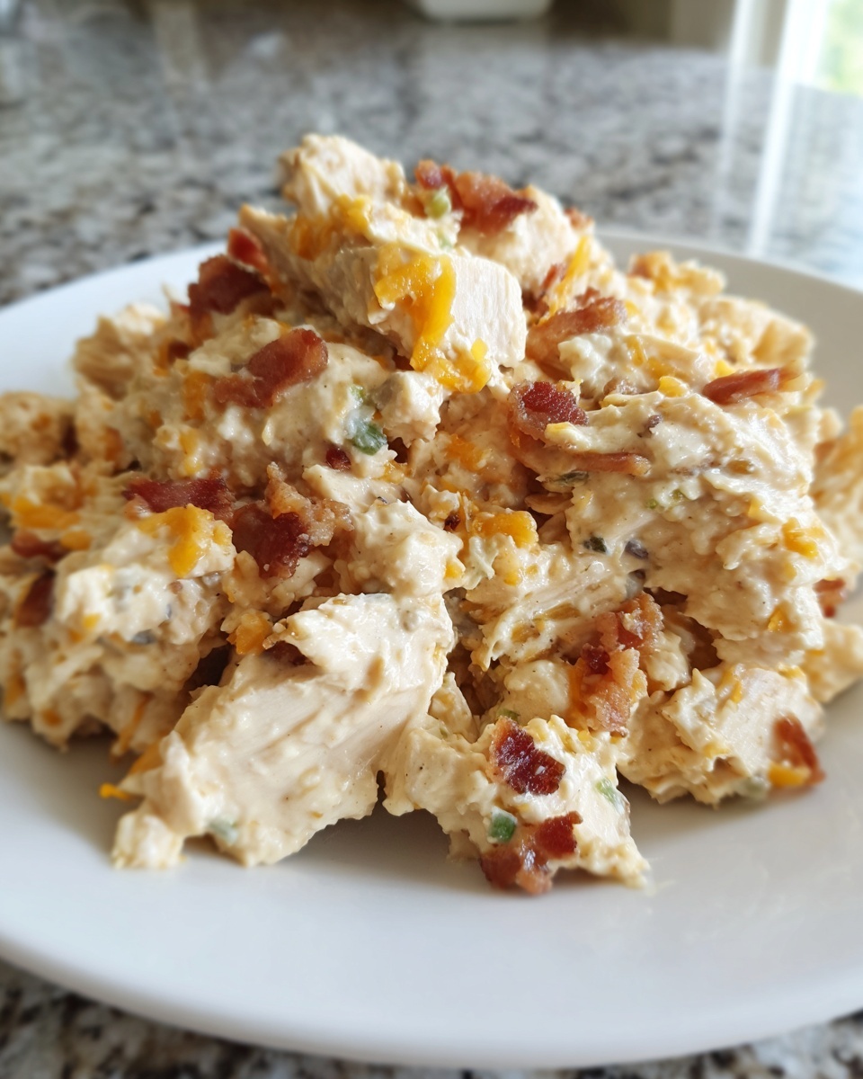 Close-up of a serving of jalapeno popper chicken salad high protein with bacon and cheddar cheese.